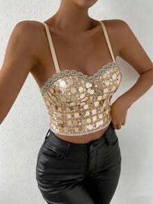 Áo hai dây hở lưng phối hạt và sequin kiểu dáng mới mùa xuân/hè, dây đeo có thể điều chỉnh, kiểu dáng corset phong cách châu Âu và Mỹ dành cho nữ, thích hợp mặc thường ngày. - Màu Khaki - Xem 3