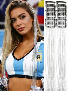 12 件/盒闪亮 20 英寸长直发绿色、银色、紫色、黄色、蓝色、粉色彩色发丝，夹式合成接发套装，适合女孩圣诞节、万圣节、派对、情人节、复活节、圣帕特里克节等场合佩戴。 - 查看 14