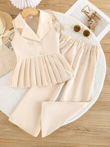 Girls' Elegant Sleeveless Collared Top And Solid Color Pants 2 Pieces Set, Suitable For Formal Occasions And Celebrations - Apricot - View 1