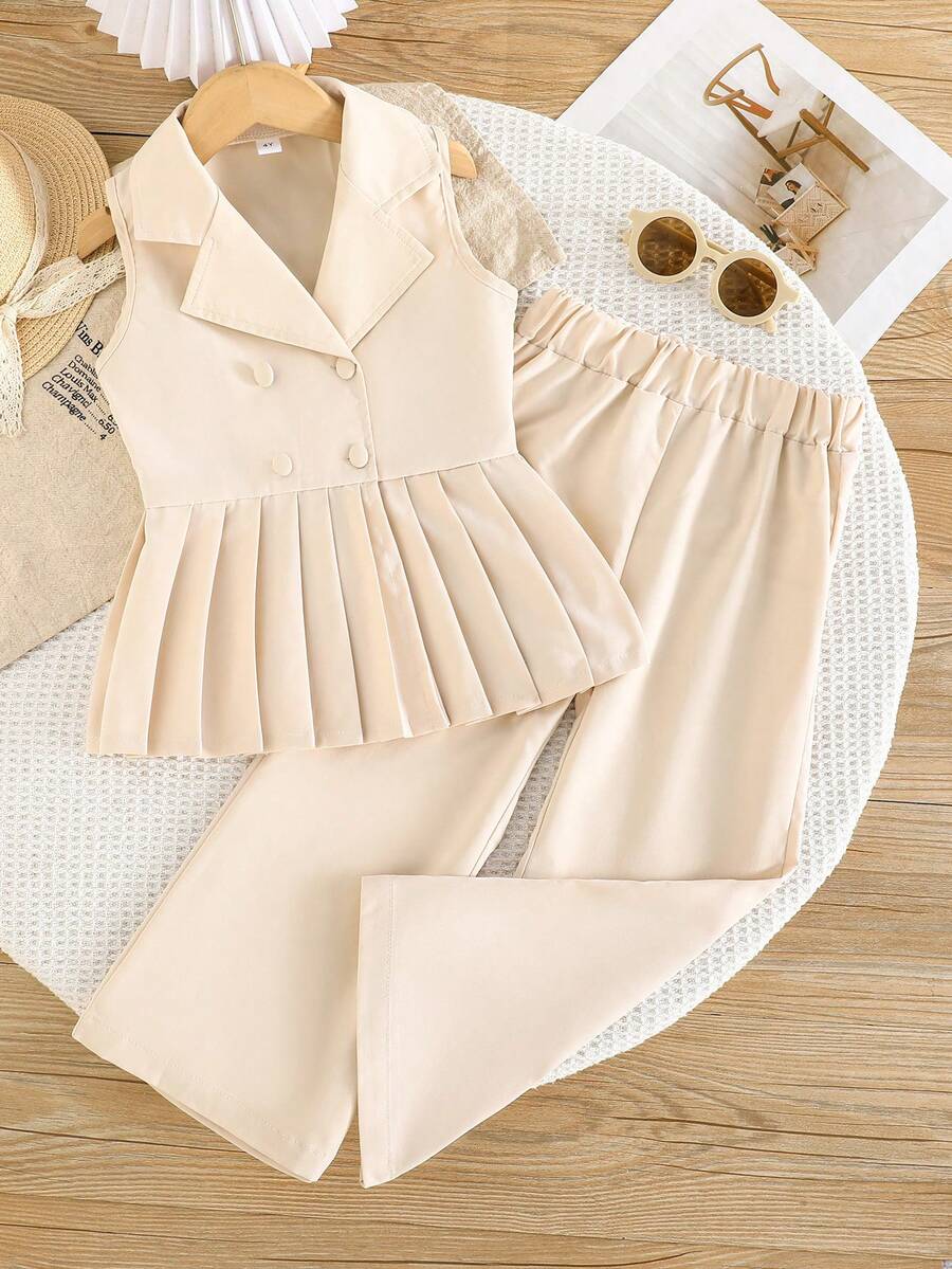 Girls' Elegant Sleeveless Collared Top And Solid Color Pants 2 Pieces Set, Suitable For Formal Occasions And Celebrations - Apricot - View 1