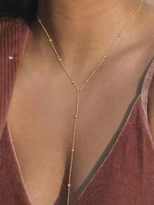 1pc Long Pendant Necklace, Y-Shape Chain With Round Beads, Suitable For Women And Girls Daily Wear (Bead Quantity Varies) - A - 查看 3