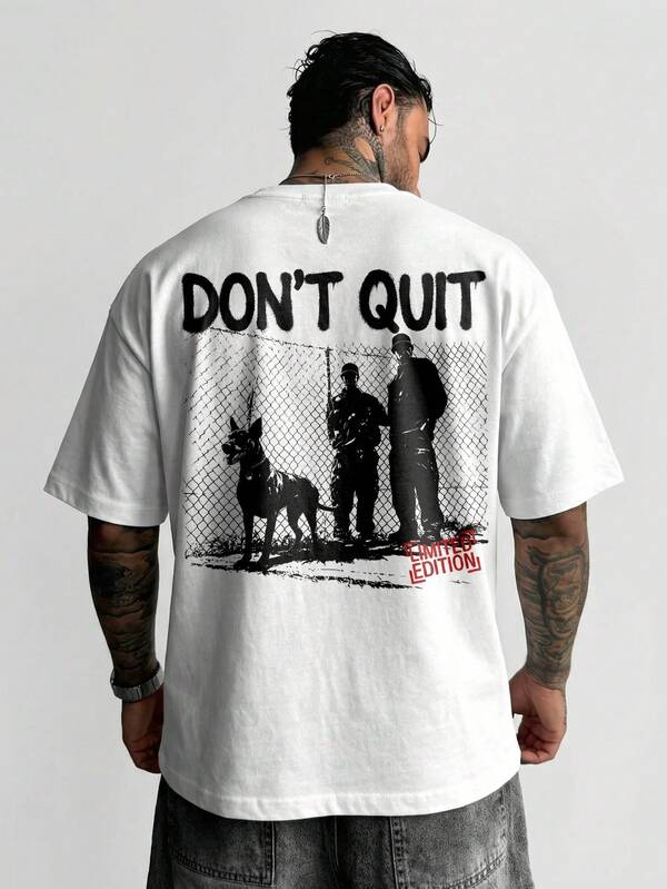  T-shirt à manches courtes col rond style de rue décontracté avec graphique de chien noir et blanc FRACTYR, été