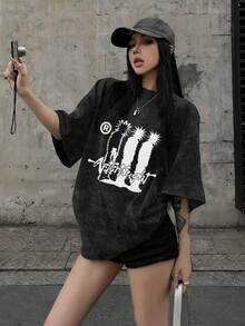 2026夏季新款女式休闲宽松圆领复古做旧美式印花图案街头时尚学院风水洗短袖T恤 - 黑色 - 查看 2
