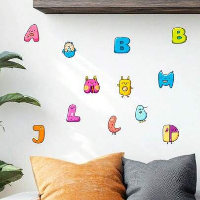 1pc Letter Design Decorative Sticker, Anthropomorphized Letters A, B, J, L With Cute Expressions And Bodies. Suitable As Glow-In-The-Dark Wall Decor For Living Room, Bedroom, Study