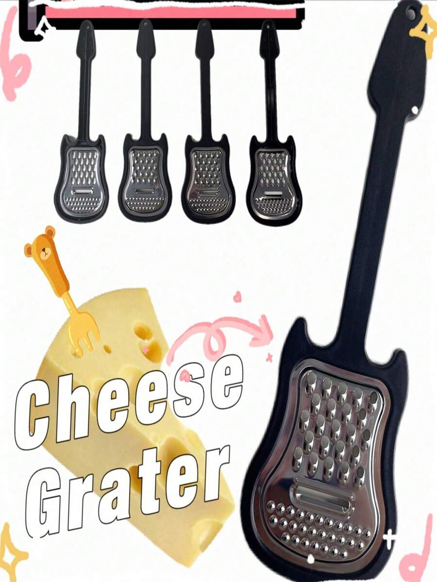 1/2pcs Stainless Steel 3-In-1 Guitar Shaped Halloween Kitchen Tool, With Plastic Handle, Suitable For Hard Cheese, Parmesan, Cheddar, Ginger, Vegetables, Chocolate, Fruits, Creative Kitchen Tool, Cheese Slicer