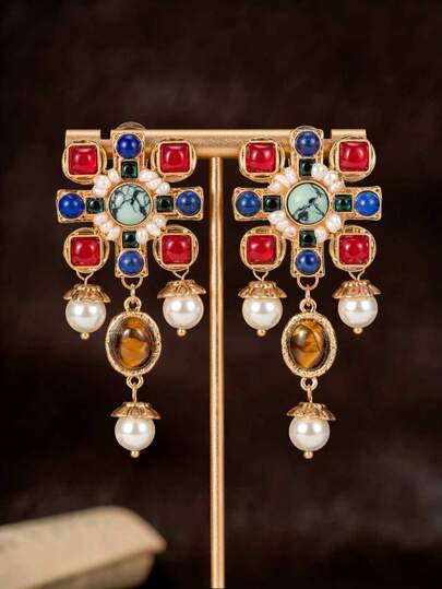 Mid-Century Vintage Elegant Colored Stone Inlaid With Small Pearls Accented With Tiger's Eye Stone Pendant Geometric Square Bracelet And Earrings Suitable For Women To Wear Daily Or At Parties And Banquets Ramadan Gift