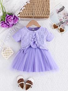 Conjunto de 2 piezas para bebé niña: Vestido de princesa con suspensores bordados y malla + Chaqueta de manga corta con volantes para actividades al aire libre - Morado - Ver 8