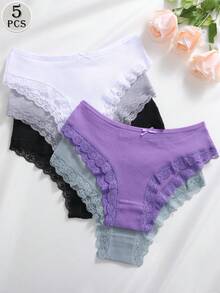 5件套女士蕾丝拼接舒适透气蝴蝶结装饰内裤套装，柔软弹力休闲内衣 - 彩色 - 查看 3
