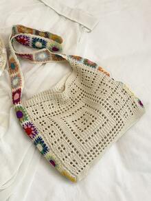 Large Capacity Hollow Vacation Beach Woven Tote Bag, One Shoulder Bucket Bag - Beige - View 6