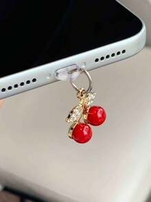 Ins 3D Cherry Rhinestone Phone Dust Plug, Universal For Apple & Android, Premium - Multicolor - View 3