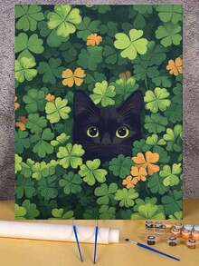 1pc 2D Flat Digital Painting On Canvas, Black Cat In Clover Leaves, DIY Craft, Home Decor Gift, Lucky Clover, Natural Green Art - 40*50cm - View 3