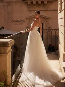 Ethereal Spaghetti Strap Sweetheart Illusion Lace Wedding Dress With Flowy Tulle A-Line Skirt, Wedding Dresses For Bride, Elegant And Comfortable, Includes Plus Sizes, Bridal Gown, Formal Dresses For Women, Suitable For Wedding, Party, After-Party Dress, Cocktail Party, Bride, Formal Occasions, Dinner Dress, Prom Dress, Birthday Party, Celebration, Gala, Festival, Ceremony, Graduation, Homecoming Dress, Vacation, White - 白色 - 查看 1