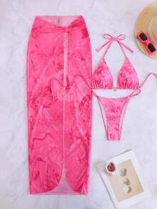 Bộ 3 món đồ bơi gợi cảm kiểu Âu Mỹ họa tiết hoa, bikini maxi lưới cho kỳ nghỉ hè, màu hồng. - Hồng - Xem 2