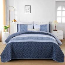 3 Pieces Quilt Set Queen King Size ,Striped Plaid Bedspread Coverlet Set, Mineral Blue Boho Summer Bedding Set Soft Microfiber Bedding Set With 2 Pillow Shams, Suitable For Wedding Items, Valentines Day Home Bed Room Decor, Mothers Day Gift, All Season - 礦物藍 - 查看 6