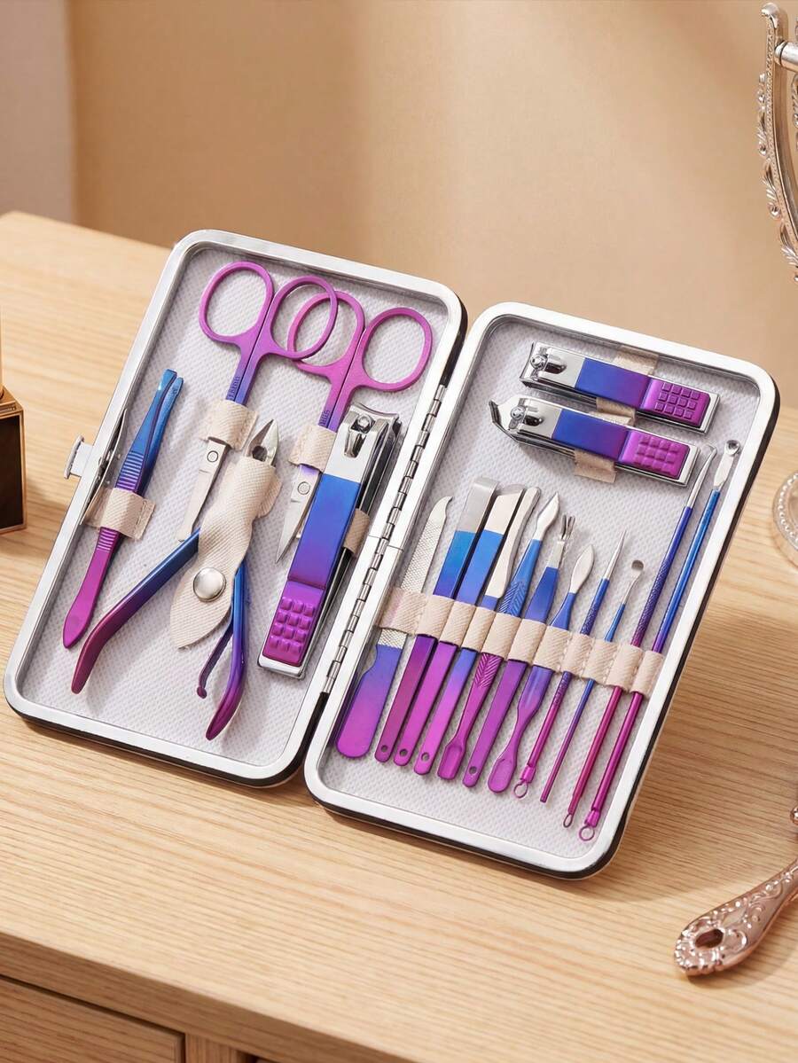 专业美甲套装，不锈钢指甲护理工具，足部护理套装 - 优质不锈钢材质，蓝色旅行收纳盒，精美礼品 - 彩色 - 查看 1