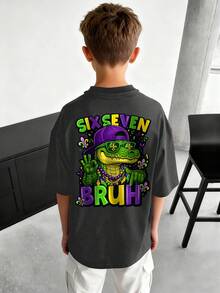 Tween Boys Casual Printed Crew Neck Short Sleeve T-Shirt, Summer Top - Dark Grey - View 8