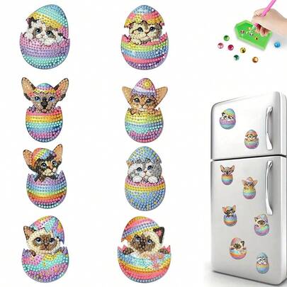 6pcs Diamond Art Fridge Magnets Easter Eggs Kitten Diamond Painting Decor, DIY Diamond Painting Magnet Kit For DIY Crafts Gifts Fridge Mailbox Decoration