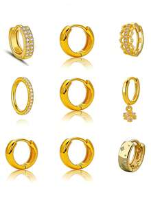 1件S925纯银镀18K金立方氧化锆花朵星月耳环，甜美时尚，优雅精致，女士耳环 - 金黃色 - 查看 1