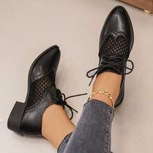 Women's Summer New Thick Heel Mesh Patchwork Versatile Retro Hollow Lace-Up Shoes - Black - View 6