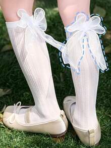 1 Pair Summer Children's Socks - Tall Summer Lightweight Style Stockings For Girls - Long Tube - Sweet And Cute Princess Bow Net Eyelet Lace Border Mid-Length Stockings - Multicolor - View 3