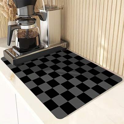 1pc Kitchen Counter Plaid Drying Mat, Absorbent Anti-Slip Coffee Pad, Heat Resistant Countertop Decor For Coffee Bar