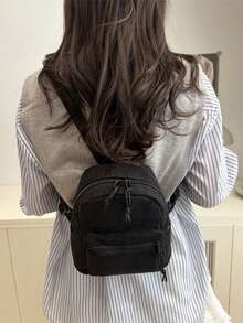 Solid Color Corduroy Fabric Fashionable And Simple Ladies' BackpackSchool Backpack,School Bag,School Bookbag,Big Backpack,Portable,Lightweight,Classic Casual, Suitable For Teen Girls Women College Students, Perfect For Back To School,First Day Of School,College,Middle School, High School,New Autumn And Winter Women Bag, Best Fall Purse ,University Bag , Back To School - 黑色 - 查看 5