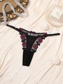 Personalized Name Crystal Letter Thong Sexy Women's Lace Bikini Panties Custom Rhinestone T-Back Triangle Underwear Personalized Gift For Girlfriend Wife Romantic Birthday Anniversary Valentine's Day Christmas Halloween Thanksgiving Honeymoon Bridal Shower Gift - Black - View 5