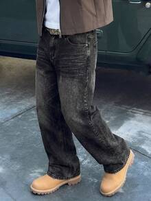 男士复古水洗阔腿直筒牛仔裤，美式复古街头风Y2K风格牛仔裤，适合送给男友或丈夫 - 深灰色 - 查看 5