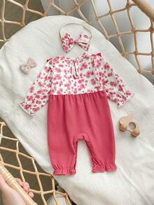 Frühlings-Outfit mit Herzmotiv, Jumpsuit mit Blumenmuster und Schleifendekor für Baby Mädchen - Heißes Pink - Übersicht 2