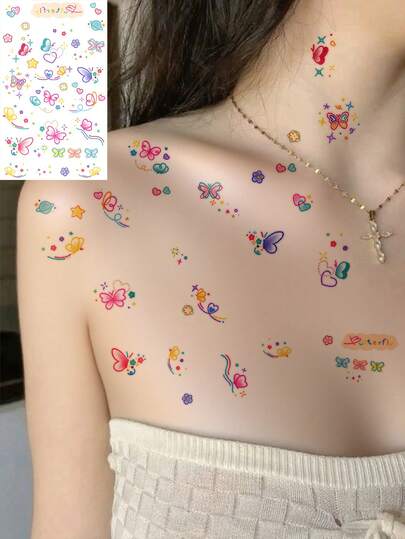1 Sheet Body Art Temporary Tattoo Sticker Suitable For Women, Dreamy, Colorful Designs Of Butterflies, Flowers, Hearts, And Word "Butterfly." Waterproof Fake Tattoo, Lasting 2-5 Days, Can Be Used On Hands, Arms, Neck, Chest, Shoulders, Waist, Legs, And Ankles. Perfect For Best Friend Gifts, Holidays, Parties, Weddings, Vacations, Music Festivals.