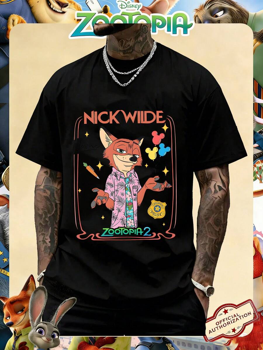 Disney Official Licensed Zootopia 2 Nick Wilde Print 220g Cotton Crew Neck Unisex Tee - 黑色 - 查看 1