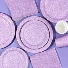 10件/20件/50件装紫色闪光纸盘、纸杯、餐巾纸，韩流紫色餐具，派对纸盘，女士闪光生日一次性餐具套装 - 9+7英寸闪光盘+餐巾纸+纸杯，带有流动紫色沙粒效果 - 查看 4