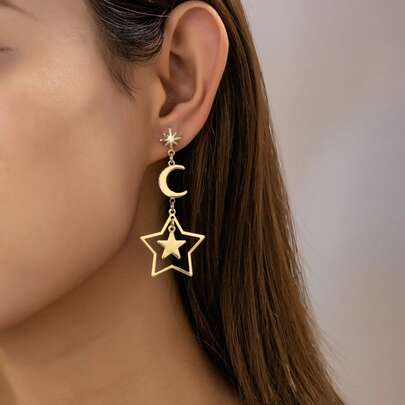 Star & Moon Element Earrings, Elegant & Fashionable Jewelry For Women, Suitable For Party, Evening Celebration, Eid