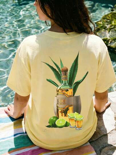 Camiseta de mujer "Tequila Summer", versión regular con estampado tropical, cómoda blusa de manga corta con cuello redondo de estilo mediterráneo, prenda única para vacaciones en la playa y uso casual