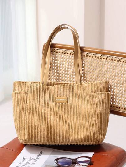 女士柔软灯芯绒手提包，春夏时尚单肩包，休闲日常购物旅行包，轻便大容量，完美适用于海滩、学校、工作和日常使用，酒红色，2026款