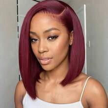 200% Density Straight Wigs 13x4 HD Ear To Ear Deep Parting Lace Frontal Wig For Women Burgundy Short Bob Hair Heat Resistant Synthetic Mixed Human Blended Hair Wig With Baby Hair Wine Red Colored 99j Pre Plucked Realistic Hairline Pre Bleached Invisible Knots - SBUG - View 8
