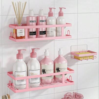 Adhesive Shower Caddy,Shower Shelves With Soap Holder And 12 Hooks,No Drilling Bathroom Organizer And Storage,Pink,3 Pack