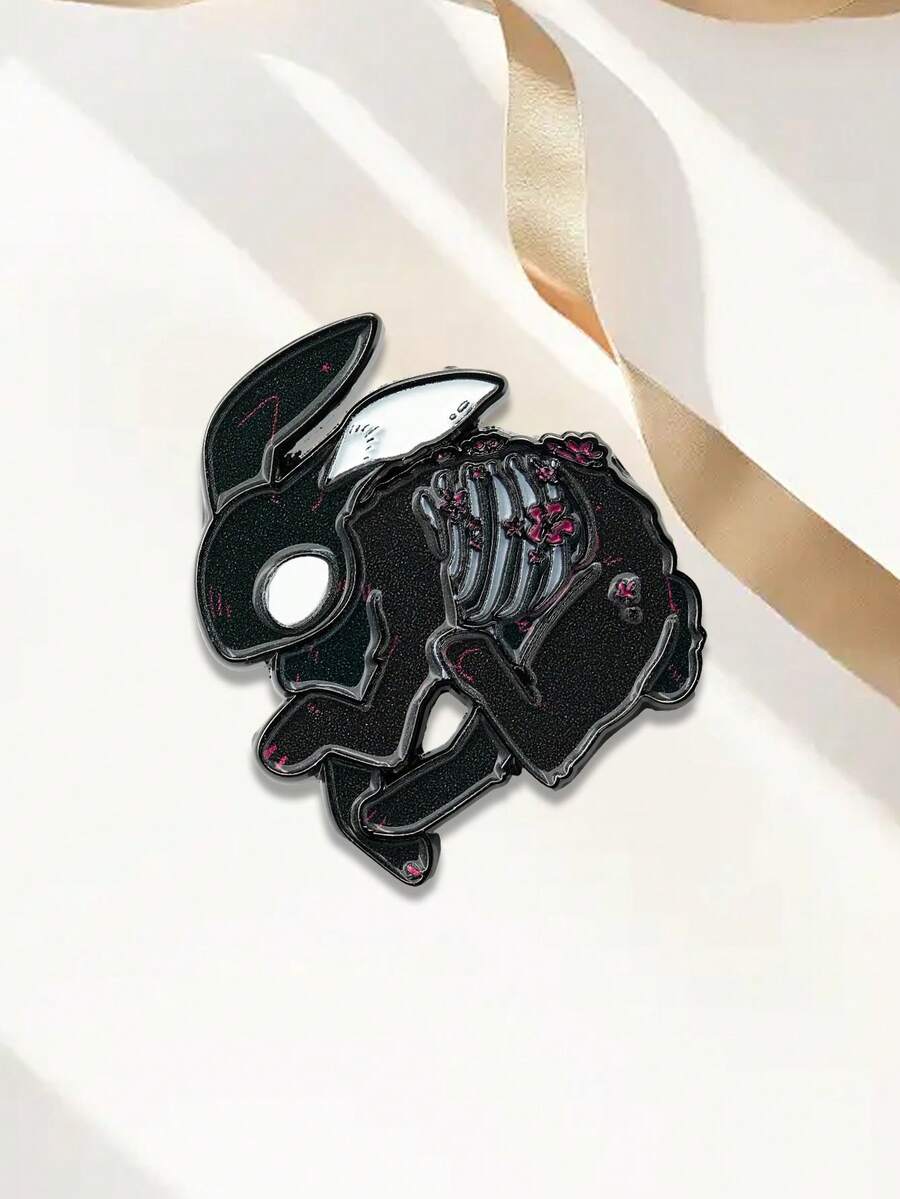 1PC Funny Black Skull Rabbit Demon, Enamel Brooch Rabbit Lapel Pin Funny Cute Character Badge Accessory - Black - View 1