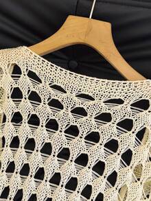 轻盈镂空大格纹长款针织开衫，宽松短袖休闲性感沙滩度假装，冰丝外套 - 杏色 - 查看 5