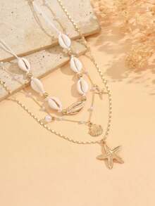 3件套波西米亚风沙滩贝壳项链，金色海星珍珠多层颈链，适合夏季度假 - 金色 - 查看 3