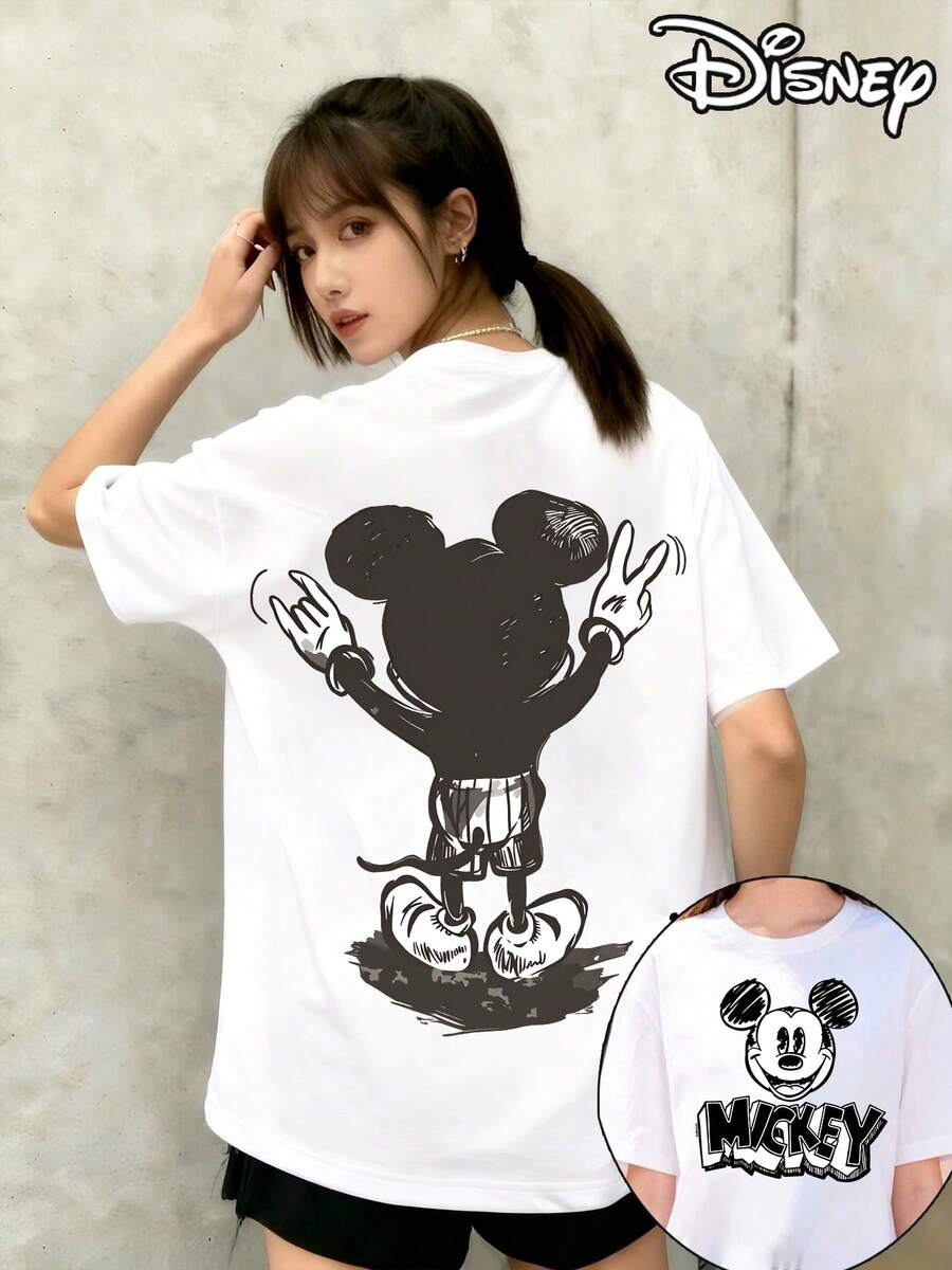 This Disney-Licensed Women's Summer Cotton T-Shirt Features A Casual, Loose-Fitting Black And White Hand-Drawn Graffiti-Style Mickey Mouse Silhouette. The Short-Sleeved Design Is Perfect For Summer, Creating A Vibrant Party Vibe. It's Ideal For Taking Photos At Disney Theme Parks Or As A Travel Souvenir. Made From 100% Cotton, This Unisex Casual Short-Sleeved T-Shirt Is Suitable For Adults. The Comfortable And Skin-Friendly Fabric Is Ideal For Spring Wear And Outdoor Activities. - 白色 - 查看 1