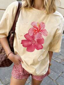 Nueva camiseta de verano casual con estampado de flores de hibisco, de cuello redondo y manga corta, una prenda versátil y de moda para mujeres - Albaricoque claro - Ver 1