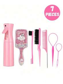 7pcs/Set Square Comb & Spray Bottle Set, Cartoon Eiffel Tower Print Anti-Static Plastic Comb, Portable Pattern Hair Claw Clip, High Pressure Mist Spray Bottle, Suitable For Children And Girls, Normal Hair Type, Durable ABS Handle, Cute Square Design, Hair Styling Tool Kit - Multicolor - View 22