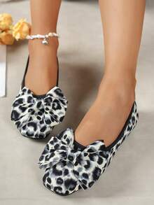 女士豹纹蝴蝶结平底鞋，舒适软底蝴蝶结鞋 - 白色 - 查看 2