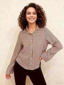 Steve Store Women's Fashion Striped Long-Sleeved Button-Down Shirt, Elegant And . - 棕色 - 查看 1