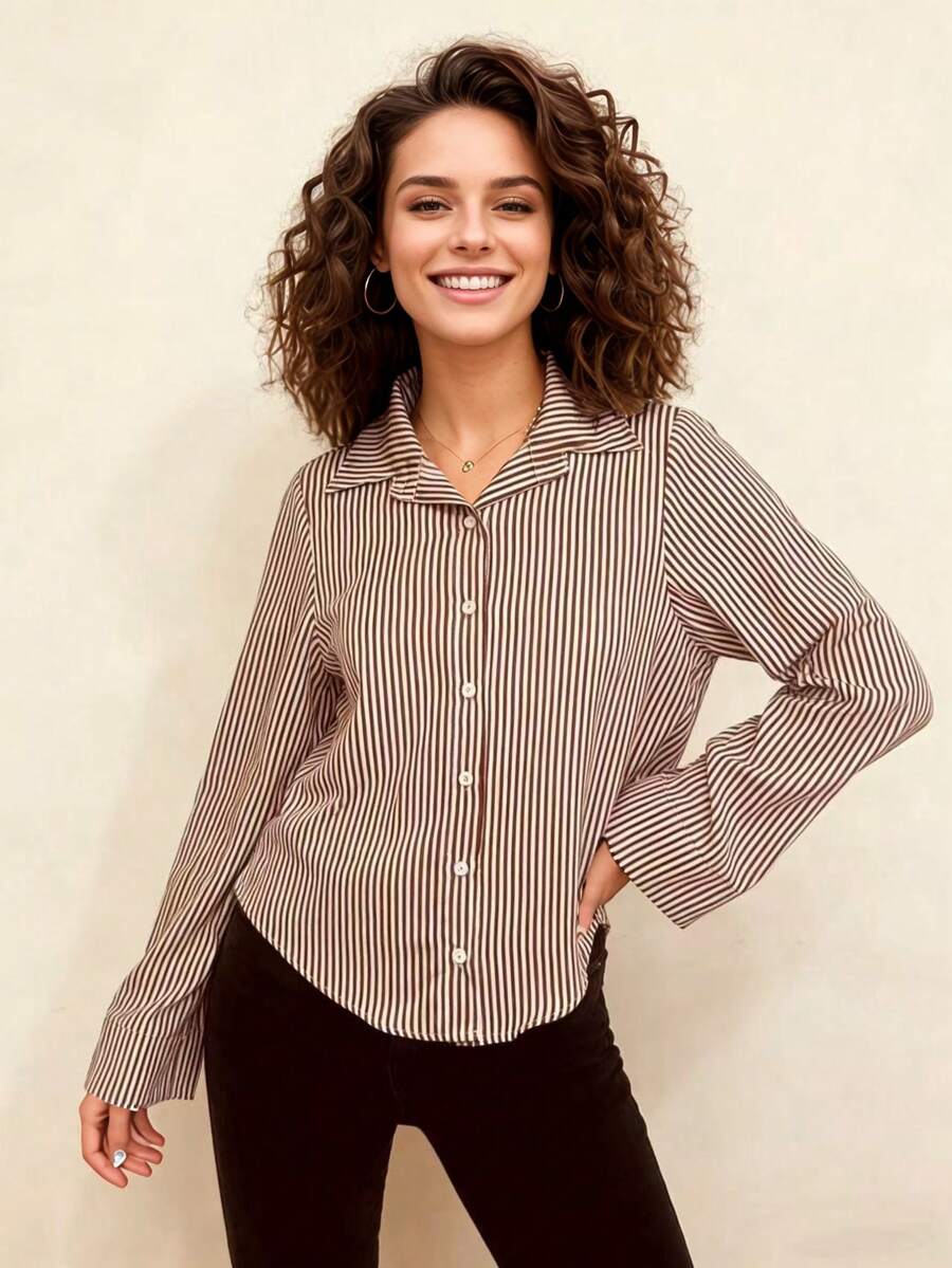 Steve Store Women's Fashion Striped Long-Sleeved Button-Down Shirt, Elegant And . - 棕色 - 查看 1