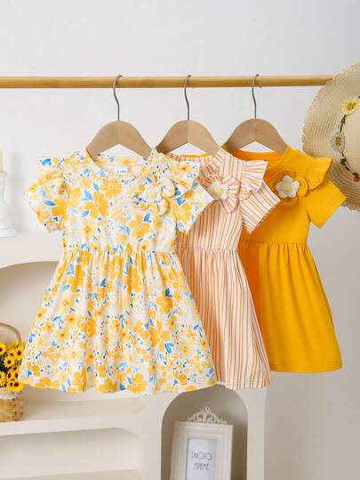 3pcs/Set Baby Girls' Summer Sweet Round Neck Cap Sleeve Striped Dress + Floral Dress + Solid Waist Flared Dress