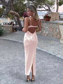 Đầm dự tiệc hai dây màu trơn hở lưng thắt nơ đính sequin dành cho nữ. - Hồng - Xem 3