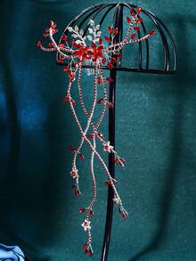 1件优雅新娘婚礼发饰，饰有水钻，伴娘发箍带流苏，适合派对、舞会等场合。 - 紅色 - 查看 7