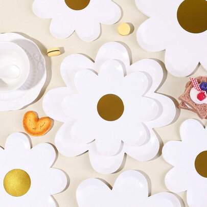 10/20/40Pcs,Daisy Paper Plates Disposable Daisy Flower Shaped Dinner Plates Groovy Party 7inch And 9inch Plates Summer Retro Boho Hippie Dessert Plates For Birthday BabyShower Wedding Party Supplies (White Daisy)
